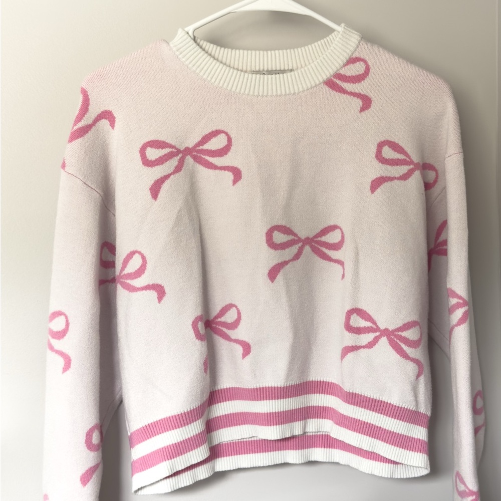 Juniors Charming Pink Bow Sweater